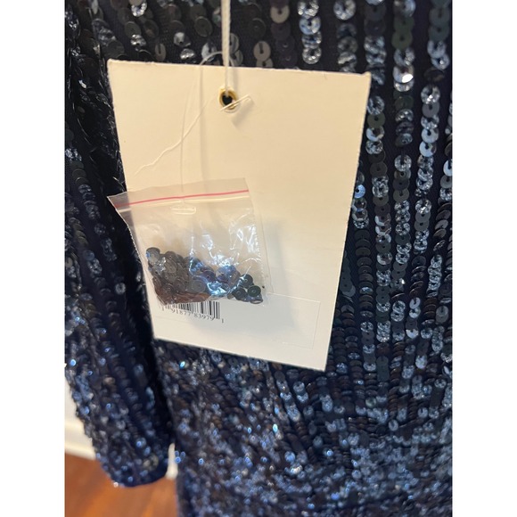 Mac Duggal 5578 size 20Navy Blue Sequin Wrap V Neck Puff Sleeve Midi Dress - Picture 11 of 14